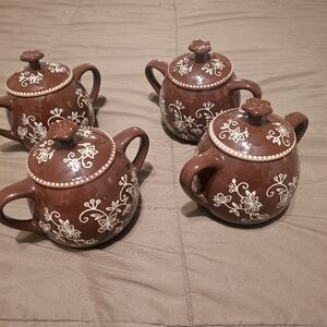 Temp-Tations Brown Ceramic Teapot Set with White Floral Design